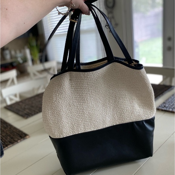 Marinella Milano Tote Purse Leather Cotton Woven Black And White Mint Condition - Picture 2 of 4